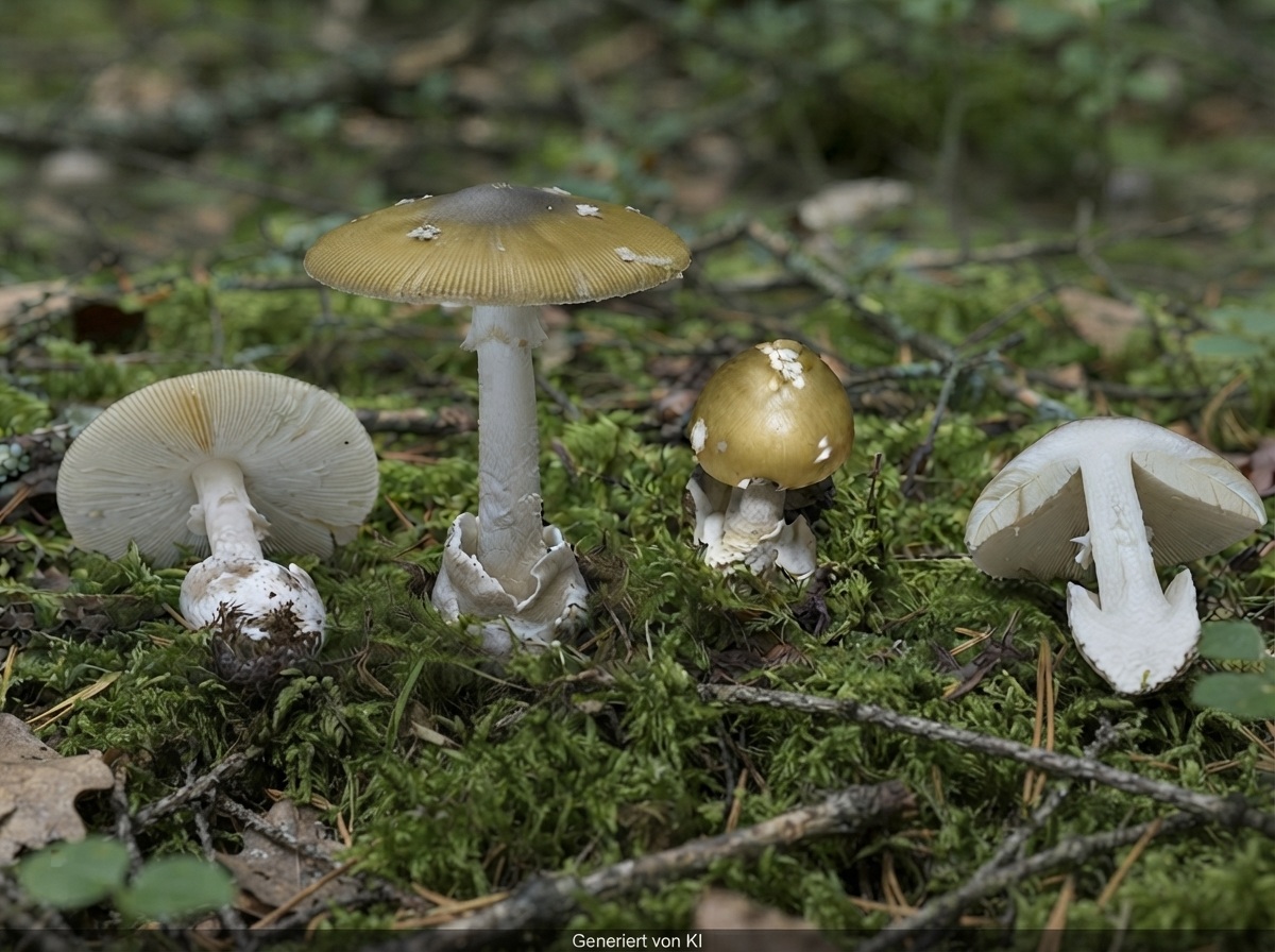 Grauhäutiger Scheidenstreifling - Bild exemplarisch, KI generiert. Die Velumreste auf der Hutobefläche sind groß und grau. Die Hutoberfläche besitzt meist olivfarbene Farbtöne. Der Grauhäutige Scheidenstreifling besitzt keinen Ring. 